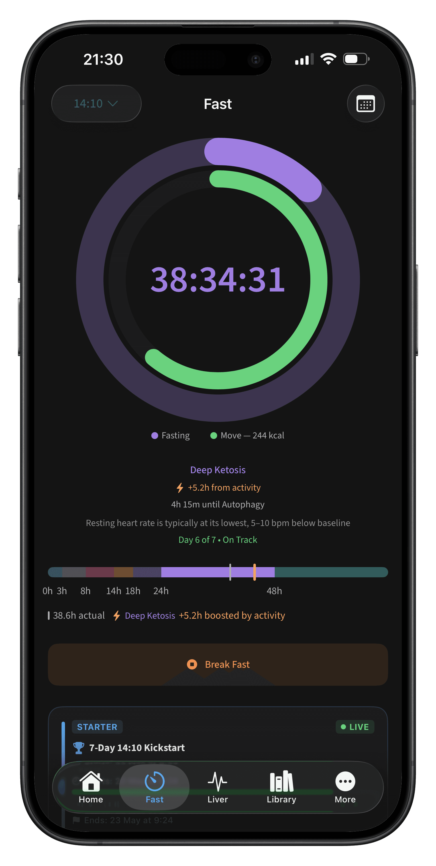 LivaFast app fasting screen